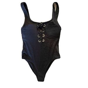 NEW California Waves black ruched one piece high cut, low back swimsuit backless